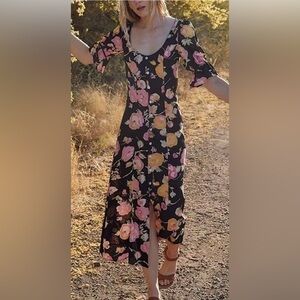 Christy Dawn The Lennon Floral Midi Dress Watercolor Night Black & Pink Medium